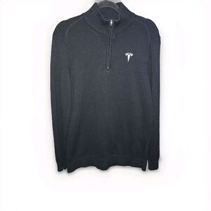 Tesla Embroidered White Logo Black Quarter 1/4 Zip Sweater Medium Knit Mock Neck